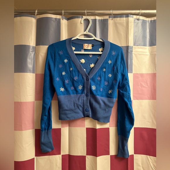 Retro pinup snowflake cardigan cropped blue festive vintage - Picture 6 of 8